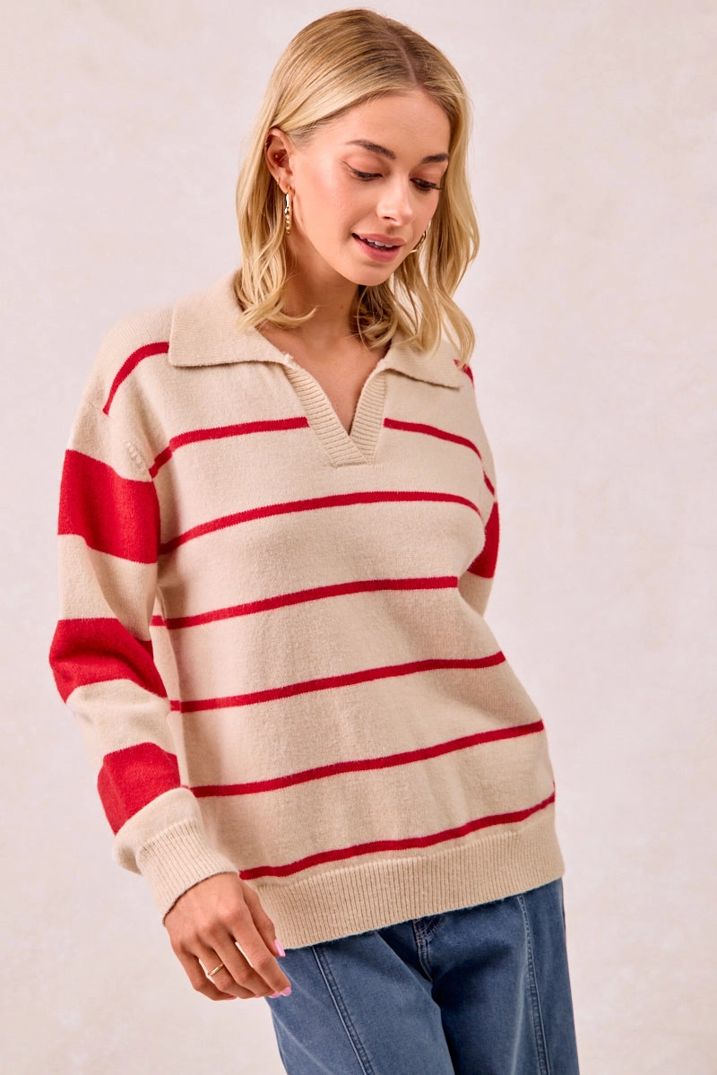 City Ready Timeless Utility IT4312-01 | CONTRAST STRIPED SOLID KNIT SWEATER TOP
