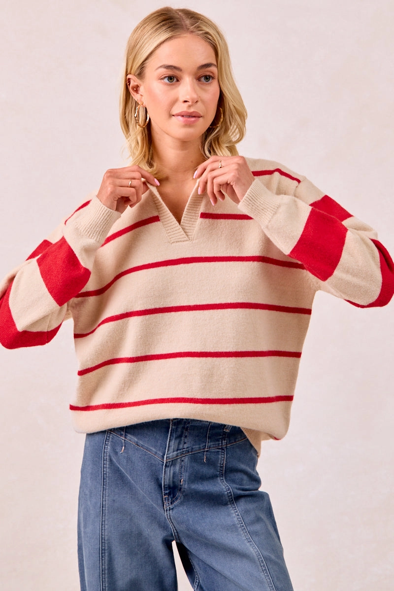 Flexible Motion IT4312-01 | CONTRAST STRIPED SOLID KNIT SWEATER TOP