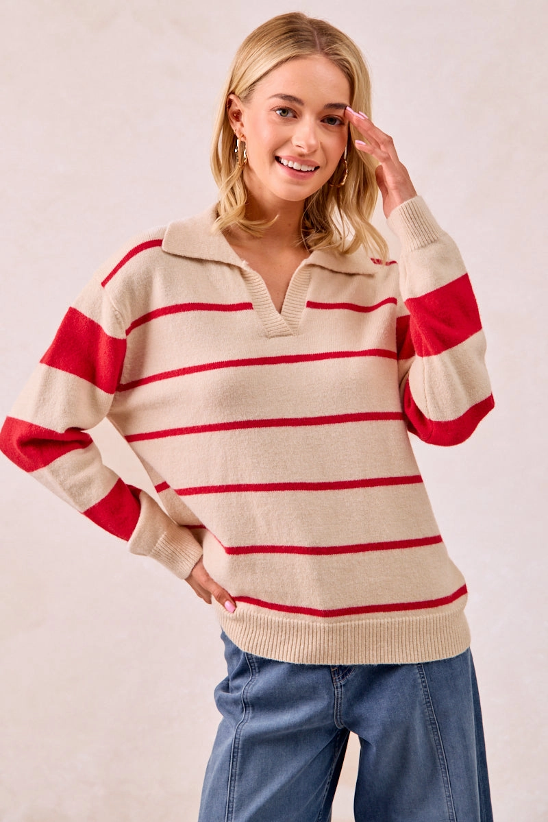 Skinny Fit Weekend Ready IT4312-01 | CONTRAST STRIPED SOLID KNIT SWEATER TOP