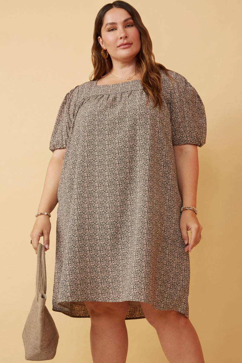 Daily Flex Ditsy Paisley Print Square Neck Puff Sleeve Dress