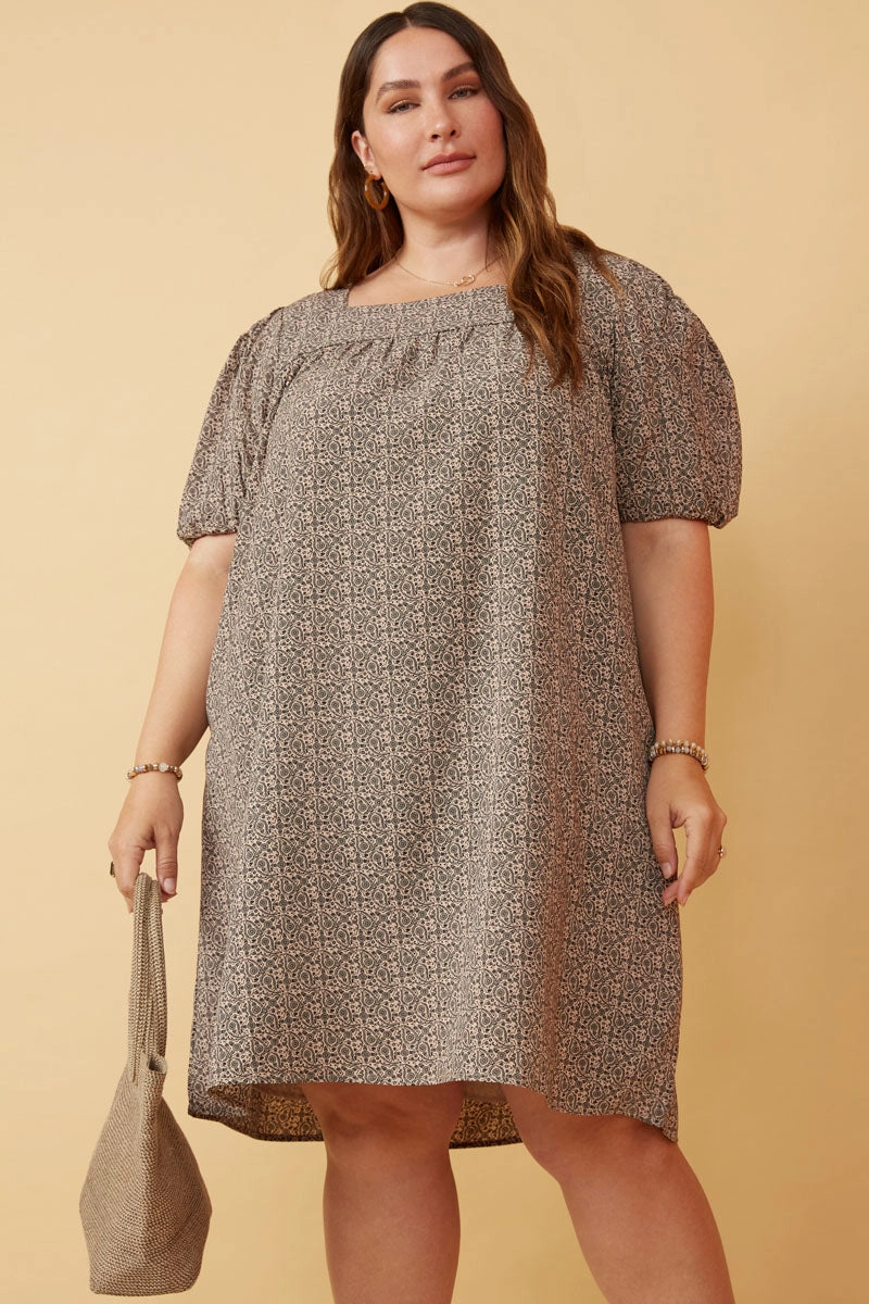 Warm Undertone Pastel Colors Ditsy Paisley Print Square Neck Puff Sleeve Dress