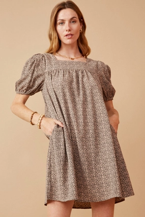 Ditsy Paisley Print Square Neck Puff Sleeve Dress Versatile Piece Sporty-Look