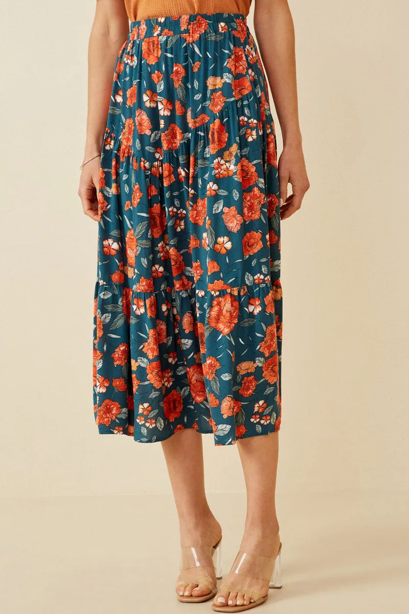 Machine washable Versatile Waist Floral Elastic Waist Midi Skirt