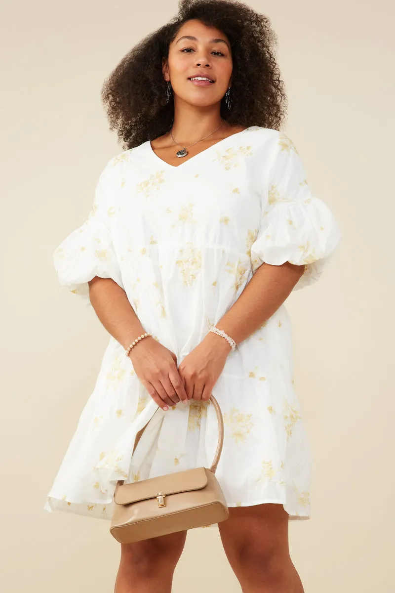 Seasonal piece Floral Embroidered Bubble Sleeve V Neck Dress