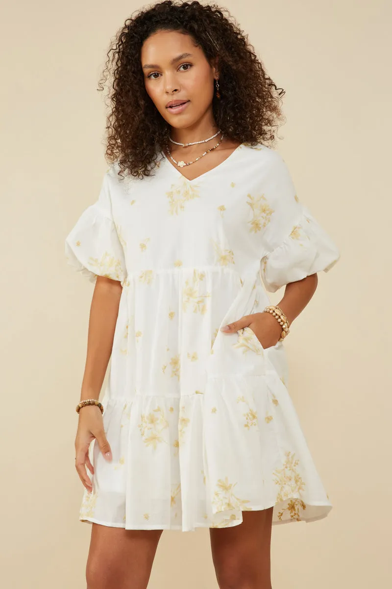 Floral Embroidered Bubble Sleeve V Neck Dress Chill Comfort
