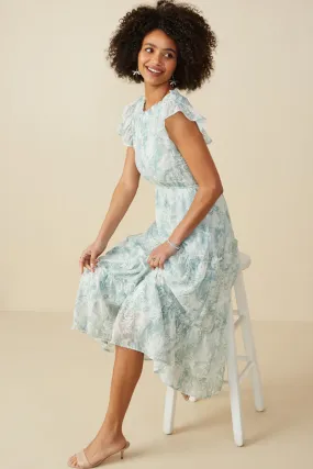 Floral Embroidered Printed Mesh Ruffled Tank Dress Smart Style