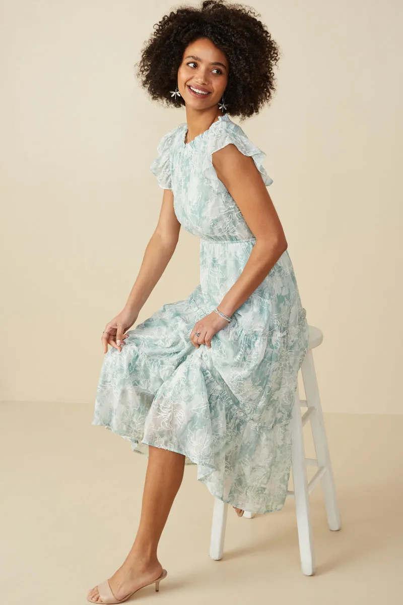 Floral Embroidered Printed Mesh Ruffled Tank Dress Work Comfort Adjustable-Length