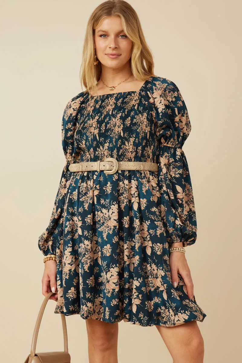 Floral Peasant Sleeve Square Neck Dress Office Style