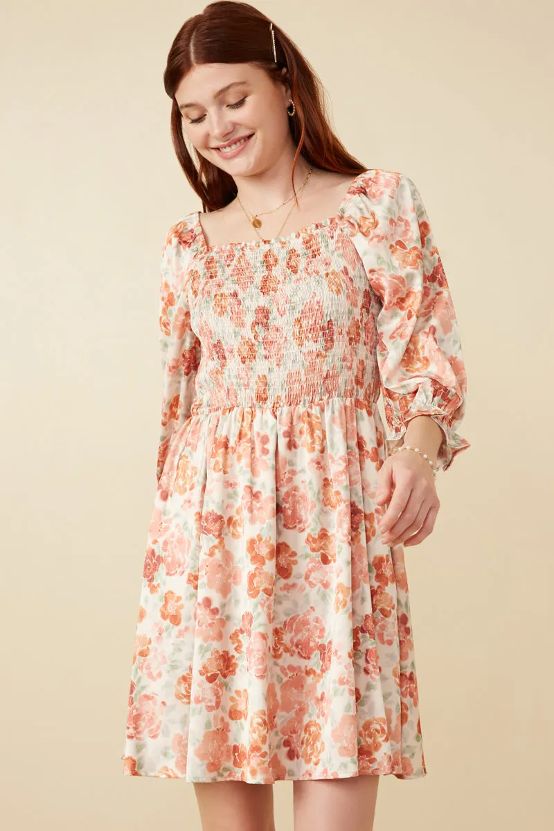 Floral Print Cinch Cuff Smocked Square Neck Dress Delicate Edge