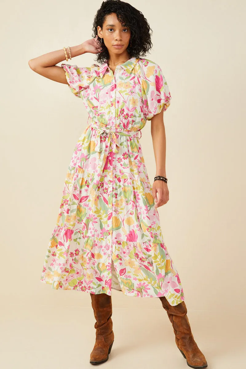 Floral Print Puff Sleeve Collared Dress Off-Shoulder