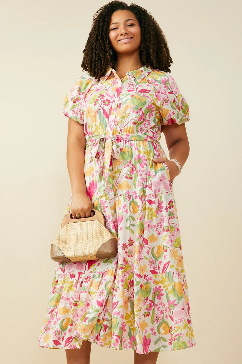 Floral Print Puff Sleeve Collared Dress Farm Scene