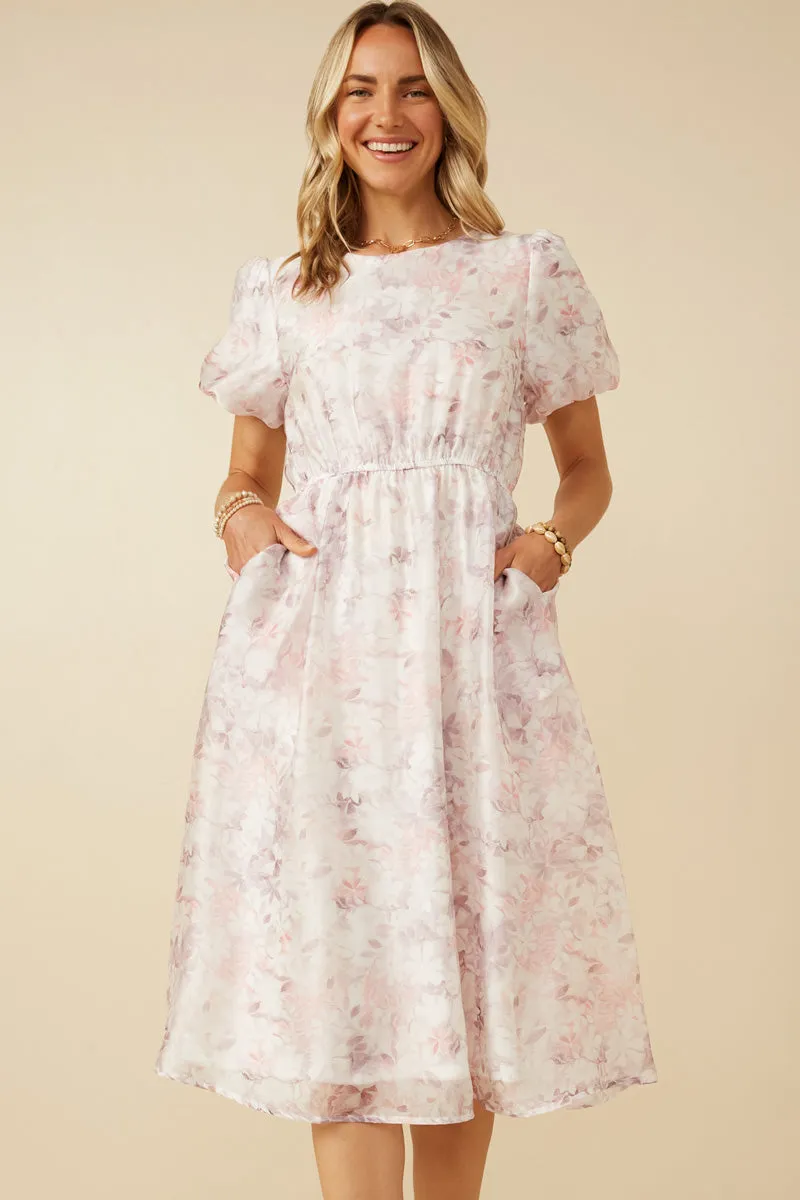 Sharp Finish Refined Line Floral Puff Sleeve Gathered Neck Organza Dress