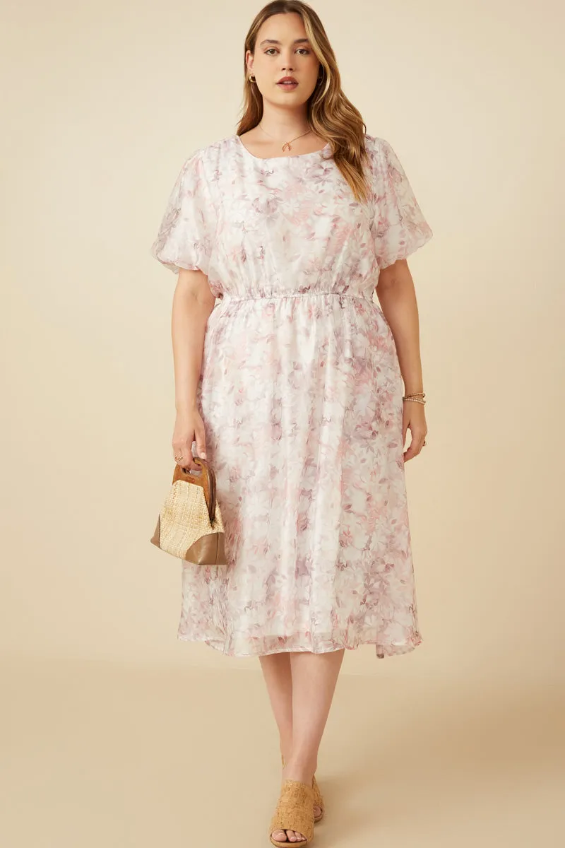 Slim Form Floral Puff Sleeve Gathered Neck Organza Dress