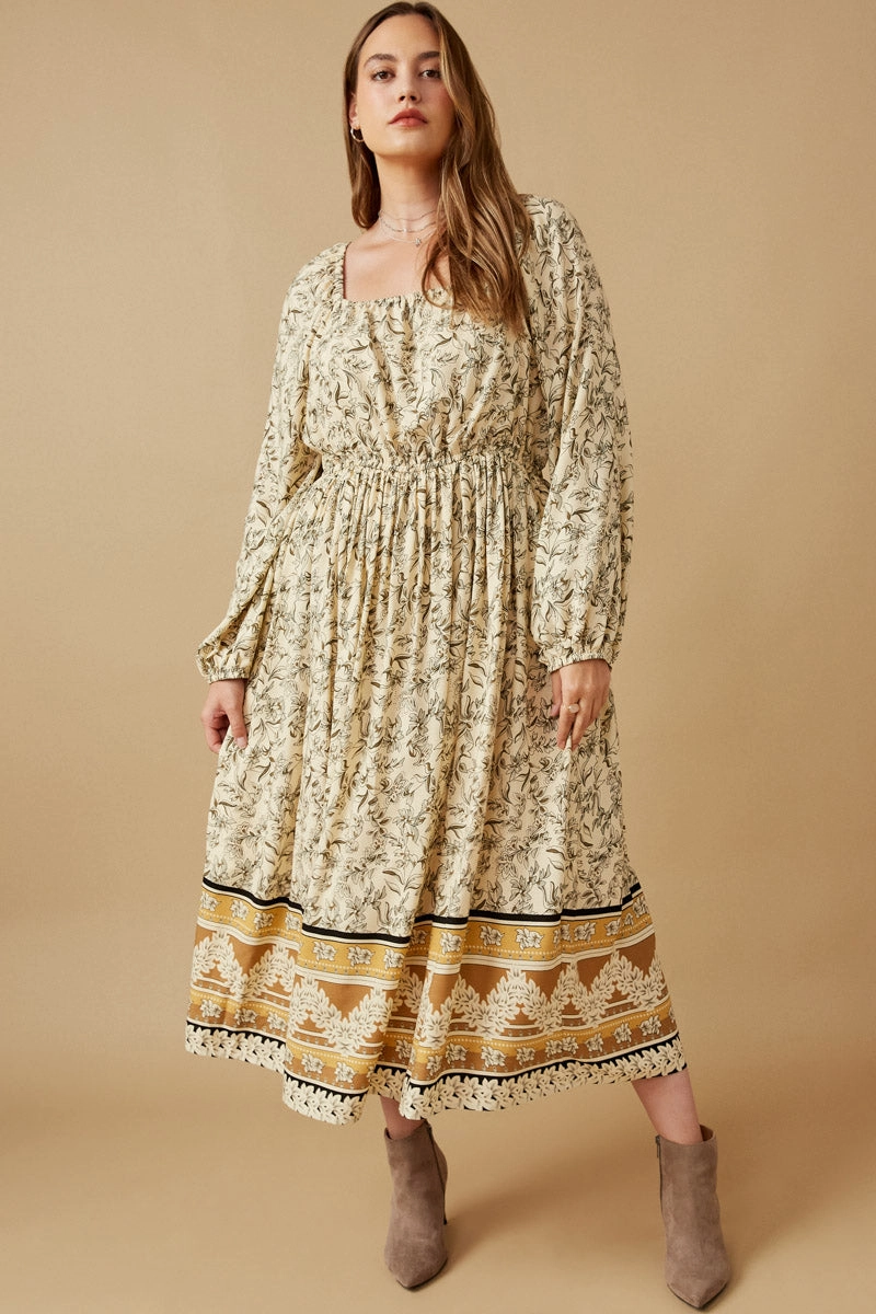 All Fit Floral Border Print Smocked Square Neck Dress