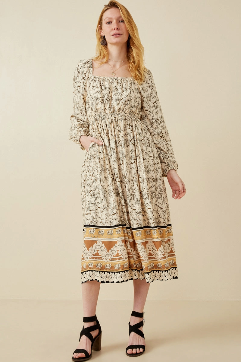 Sleek long-sleeve dress Floral Border Print Smocked Square Neck Dress