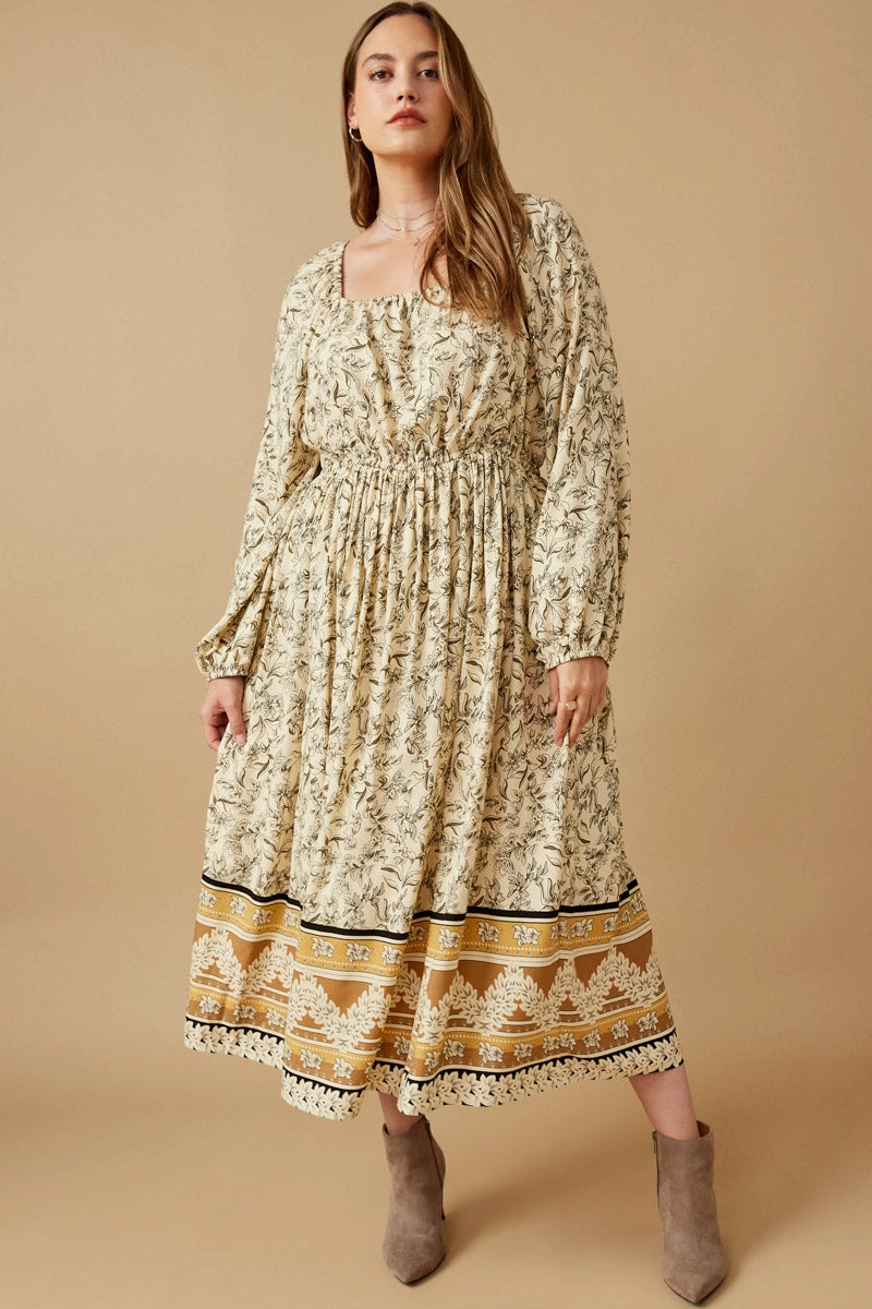 Stay Cool Square Neck Floral Border Print Smocked Square Neck Dress