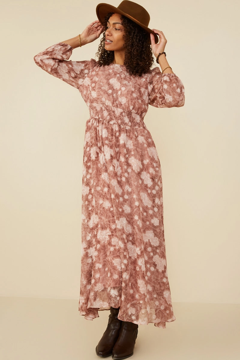 New York Sleek Drape Floral Burnout Textured Long Sleeve Maxi Dress