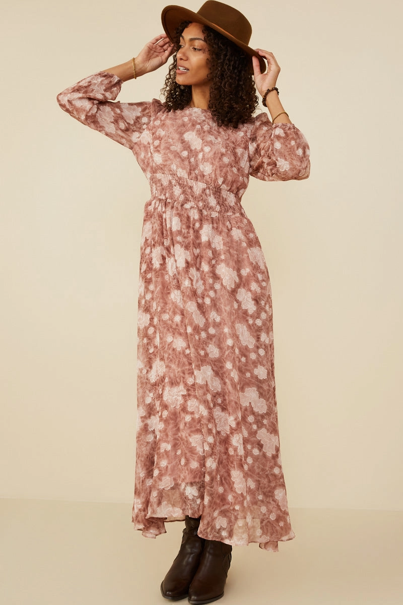 Feel Good Sharp Profile Floral Burnout Textured Long Sleeve Maxi Dress