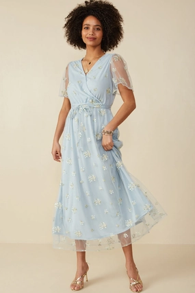 Dance Night Floral Embroidered Mesh Belted Wrap Dress
