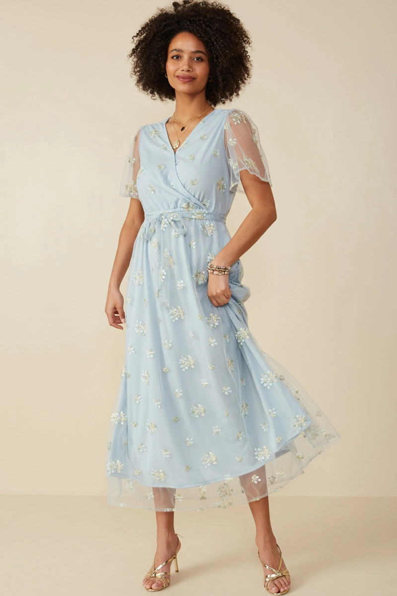 Dance Night Floral Embroidered Mesh Belted Wrap Dress