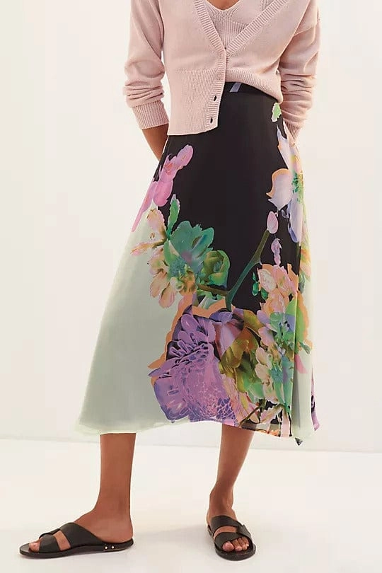 Floral Midi Skirt - Orchid Bloom Curved Hem