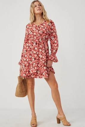 Side Cutout Floral Print Cinched Cuff Wrap Dress