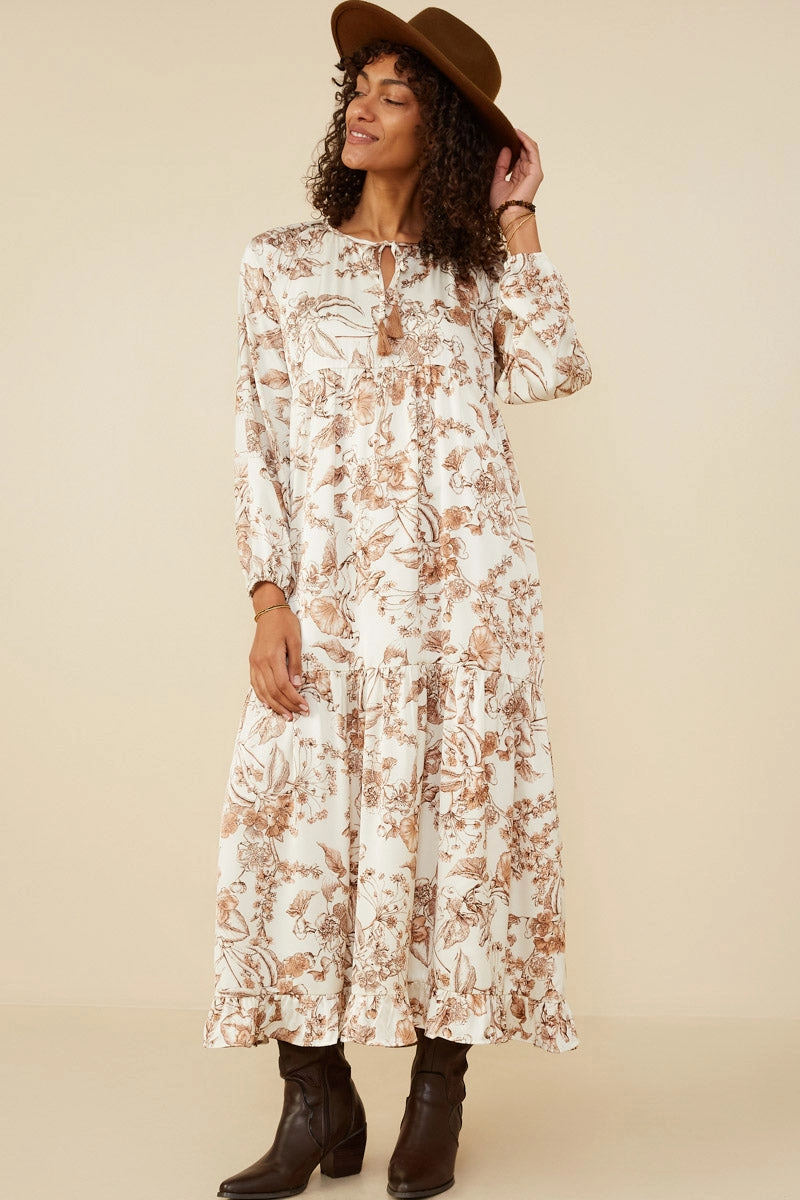 Soft Lines Bold Touches Floral Print Ruffle Hem Tie Front Maxi Dress