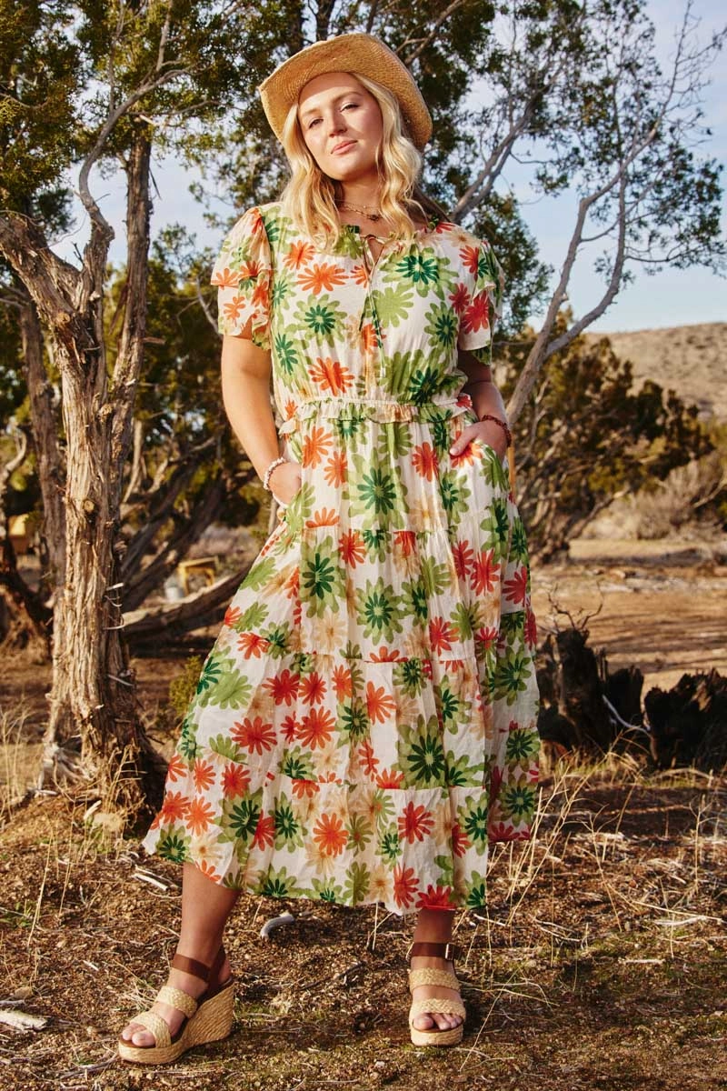 Shape Hug Floral Print Ruffle Neck Layered Sleeve Dress