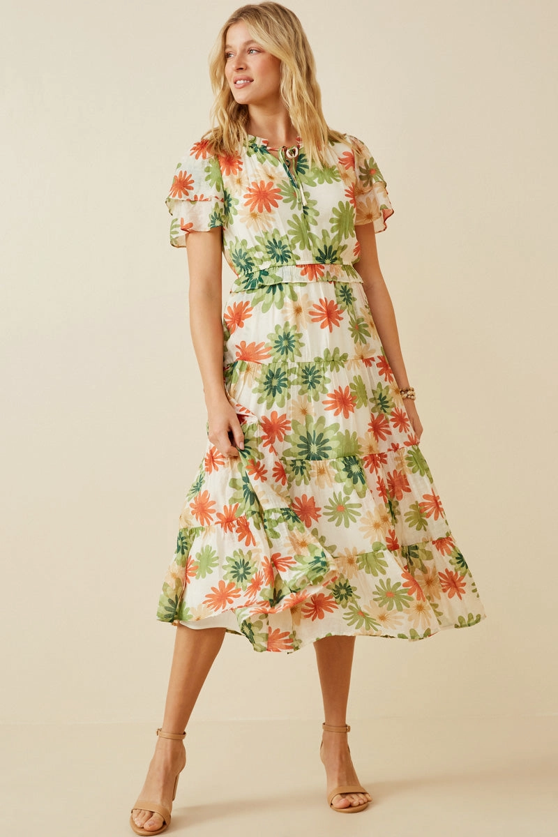 Floral Print Ruffle Neck Layered Sleeve Dress Casual chic dress