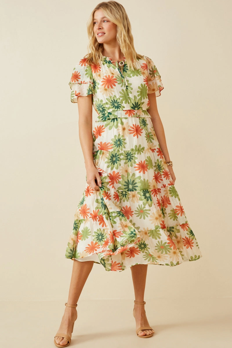 Pearl-Detail Resort-Wear Floral Print Ruffle Neck Layered Sleeve Dress