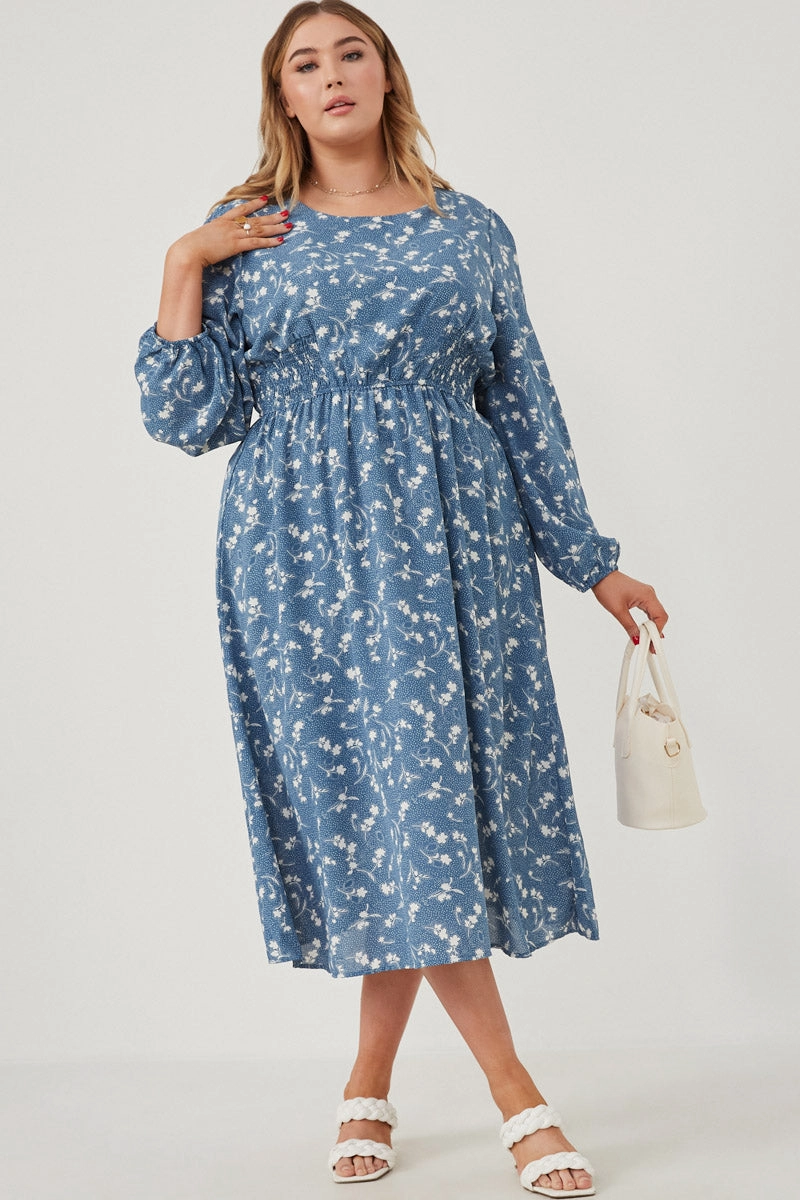 Floral Print Side Smocked Long Sleeve Dress Minimal Core