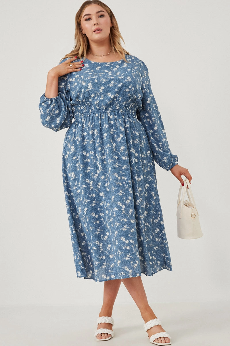 Floral Print Side Smocked Long Sleeve Dress Flow Sleeve Soft-touch