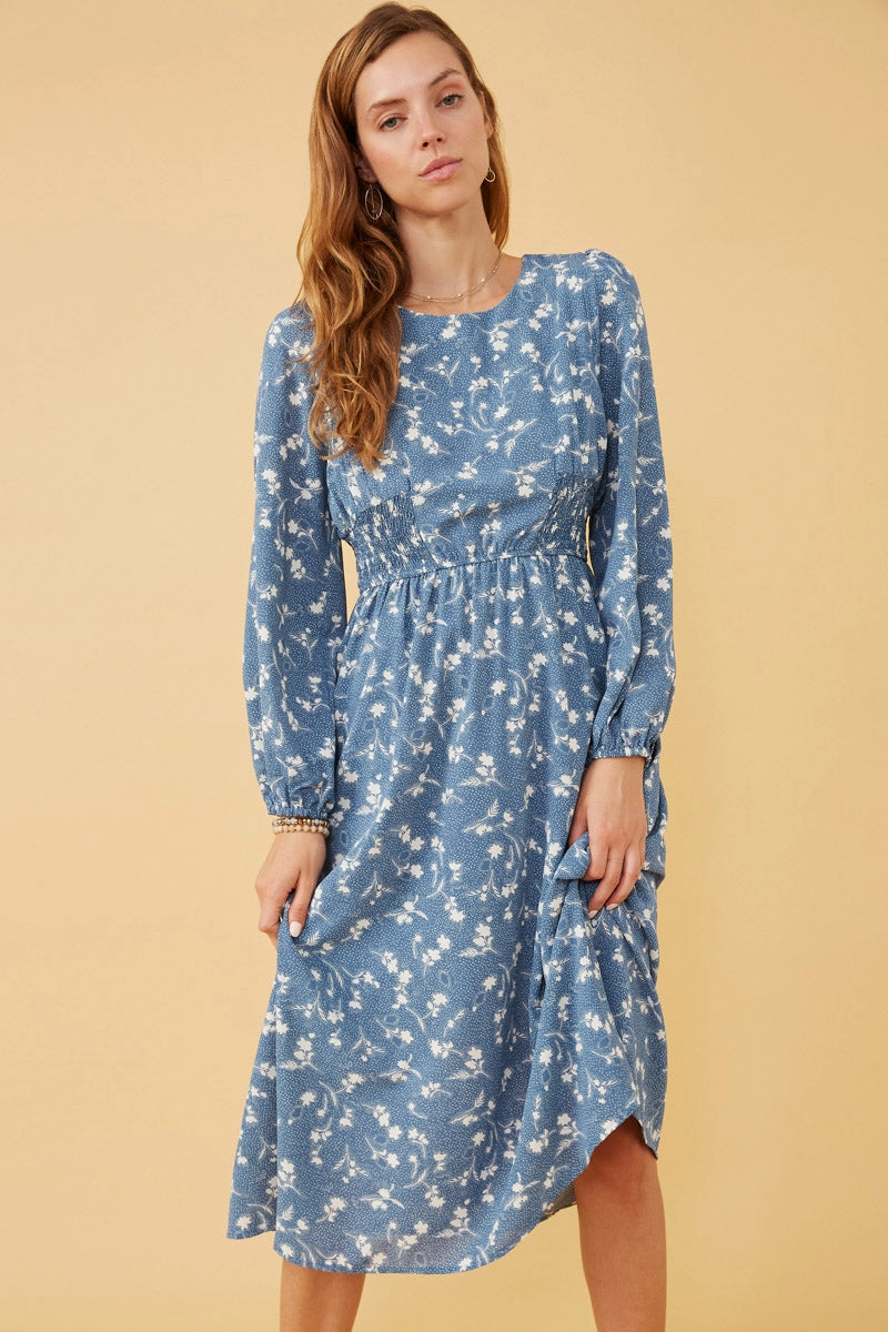 All-season garment Floral Print Side Smocked Long Sleeve Dress