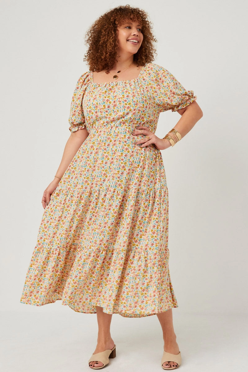 Floral Print Smocked Back Square Neck Puff Sleeve Dress Comfortable office piece Event Favorite