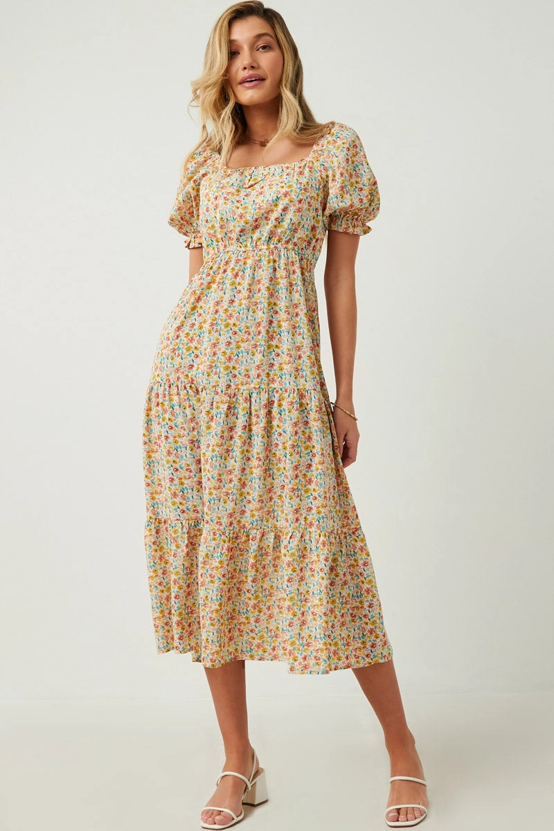 Versatile Edge Floral Print Smocked Back Square Neck Puff Sleeve Dress