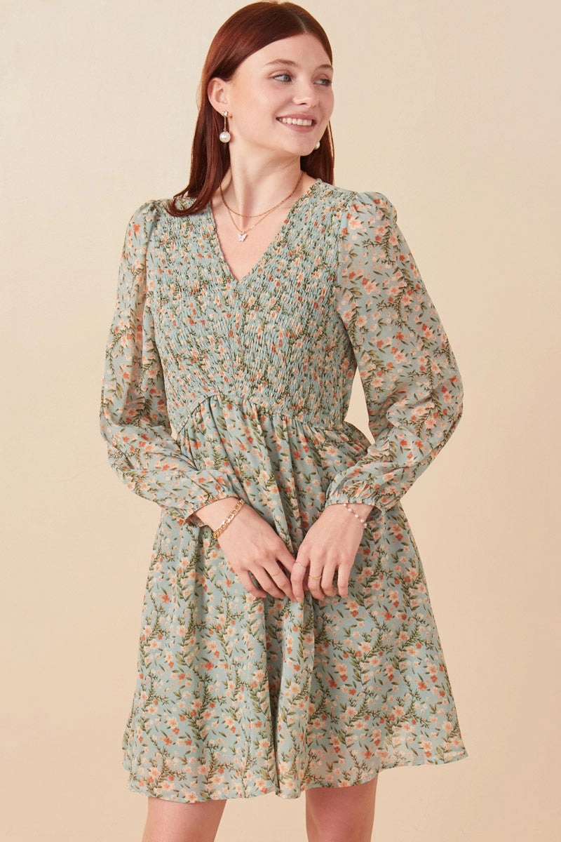 Occasion Ready Modern Movement Floral Print Smocked Panel V Neck Mini Dress