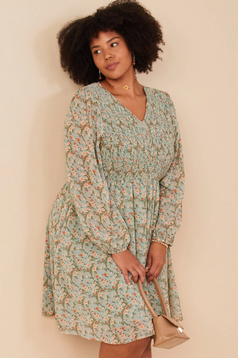 Floral Print Smocked Panel V Neck Mini Dress Warm Touch