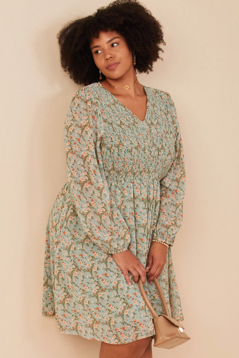 Casual Vibe Floral Print Smocked Panel V Neck Mini Dress