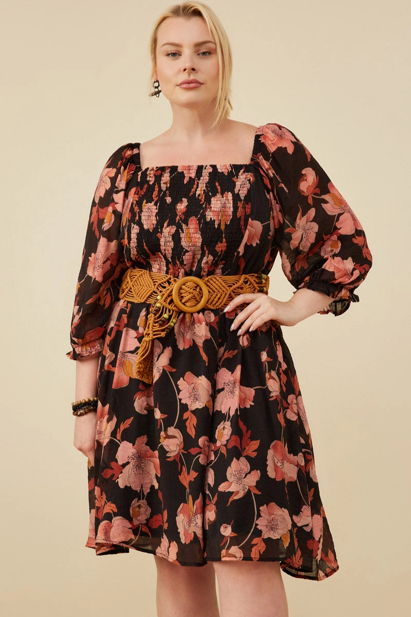 Floral Print Smocked Square Neck Dress Easy Drape Travel Chic