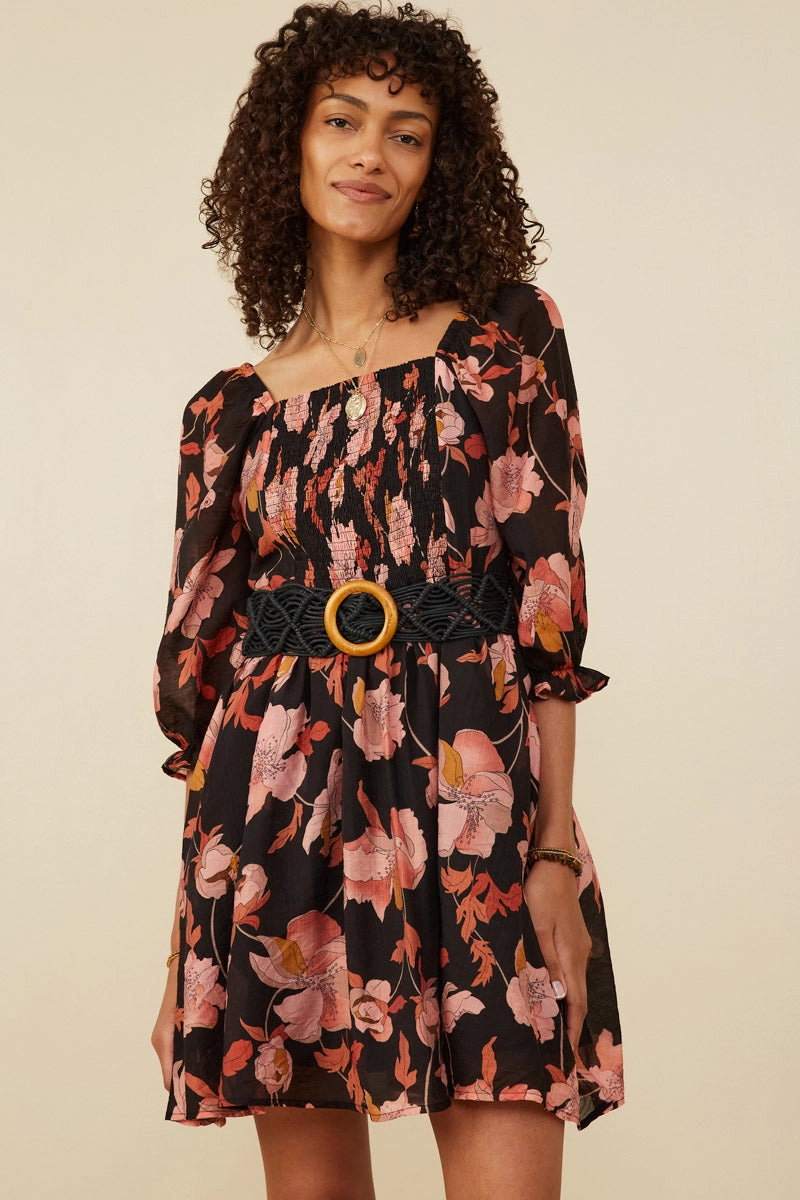 Floral Print Smocked Square Neck Dress Sleek Piece