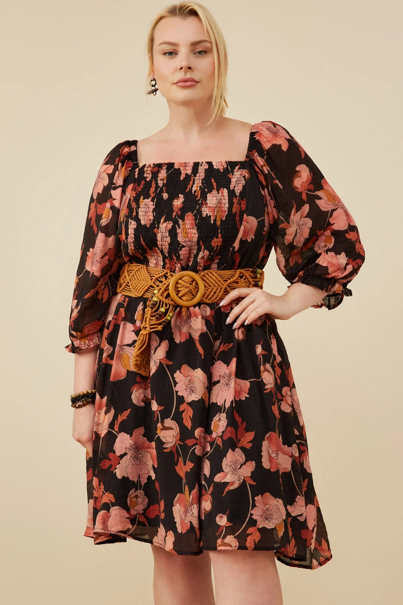 Side-Zip Active Vibe Floral Print Smocked Square Neck Dress