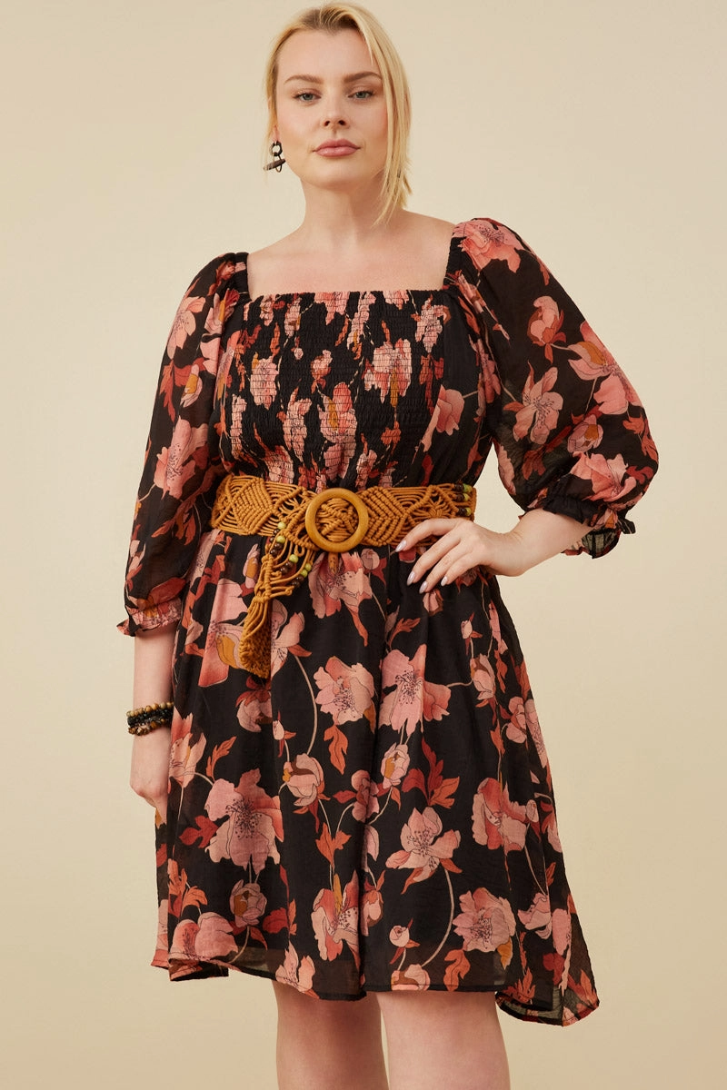 Floral Print Smocked Square Neck Dress Daytime Wear