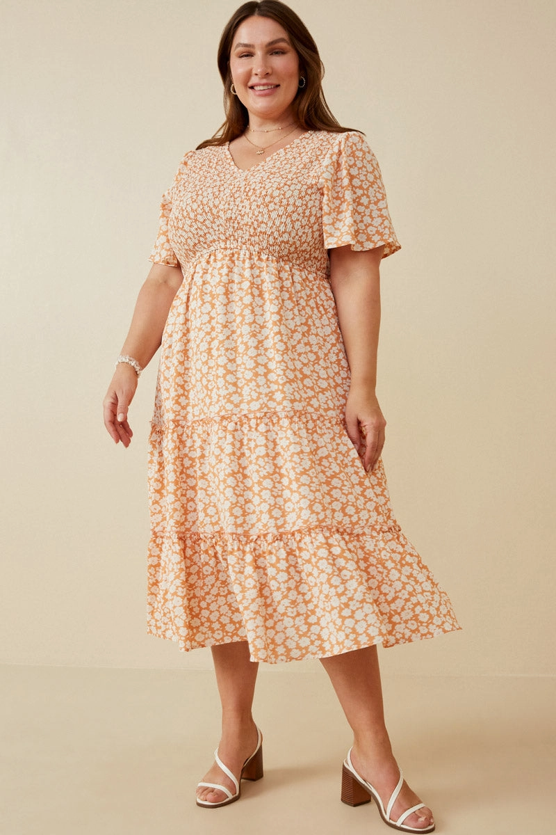 Night Ready Polished Layer Floral Print Smocked V Neck Tiered Dress