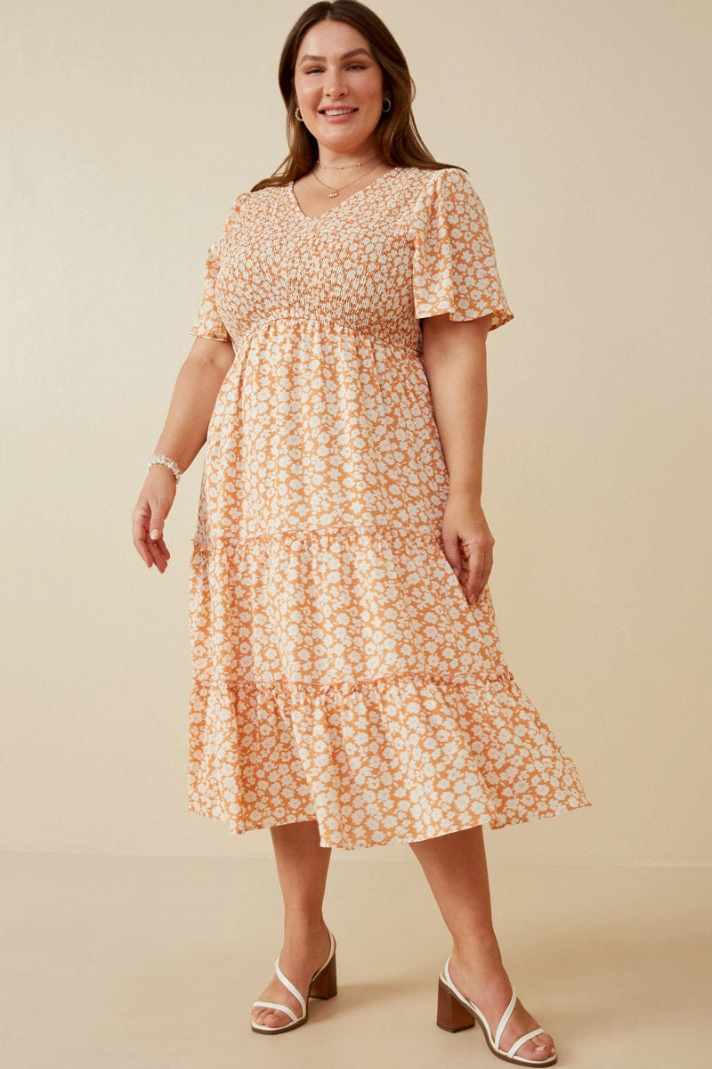 Sophisticated cocktail dress Flared shape Floral Print Smocked V Neck Tiered Dress