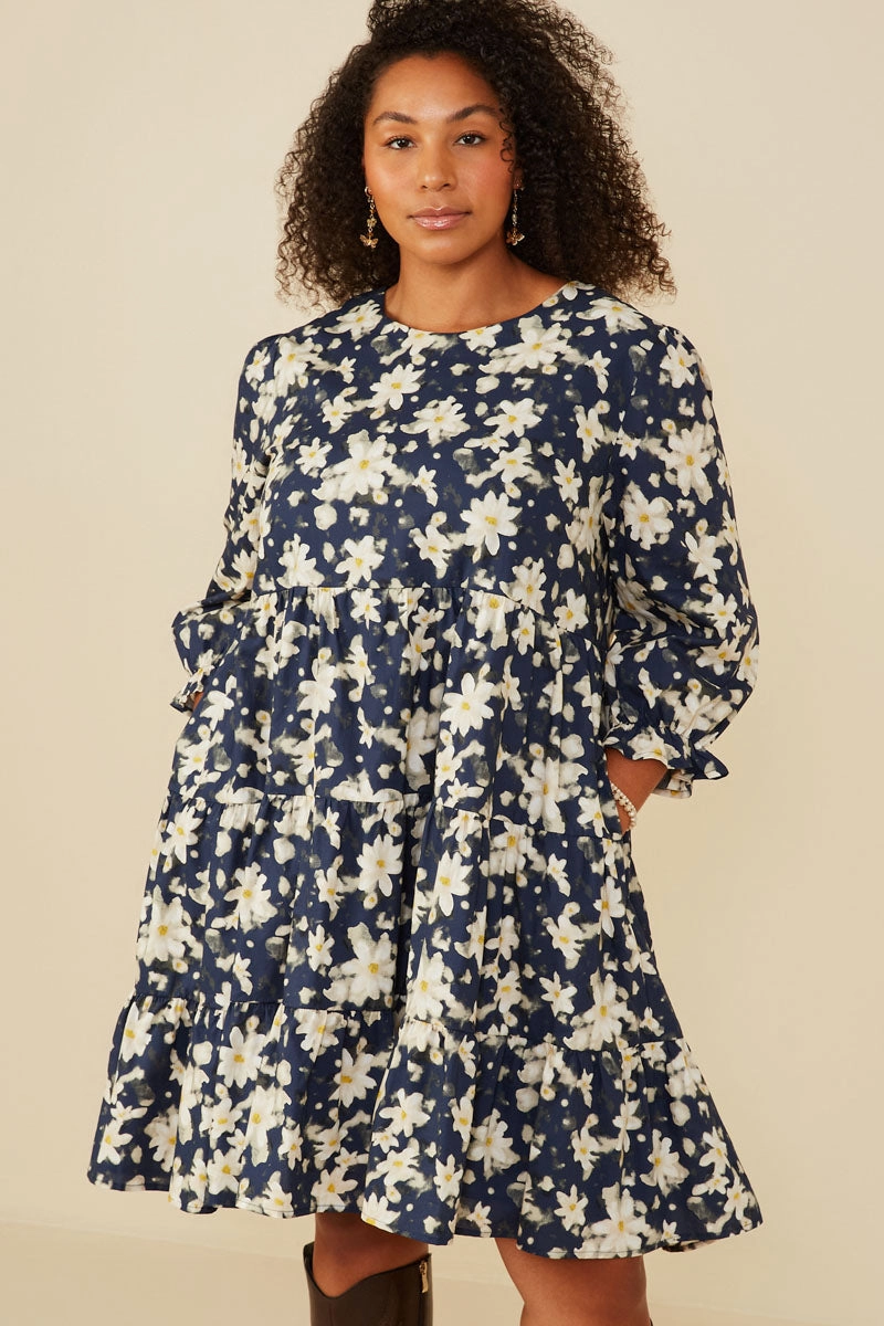 Subtle Detail Floral Print Tiered Cinch Sleeve Dress