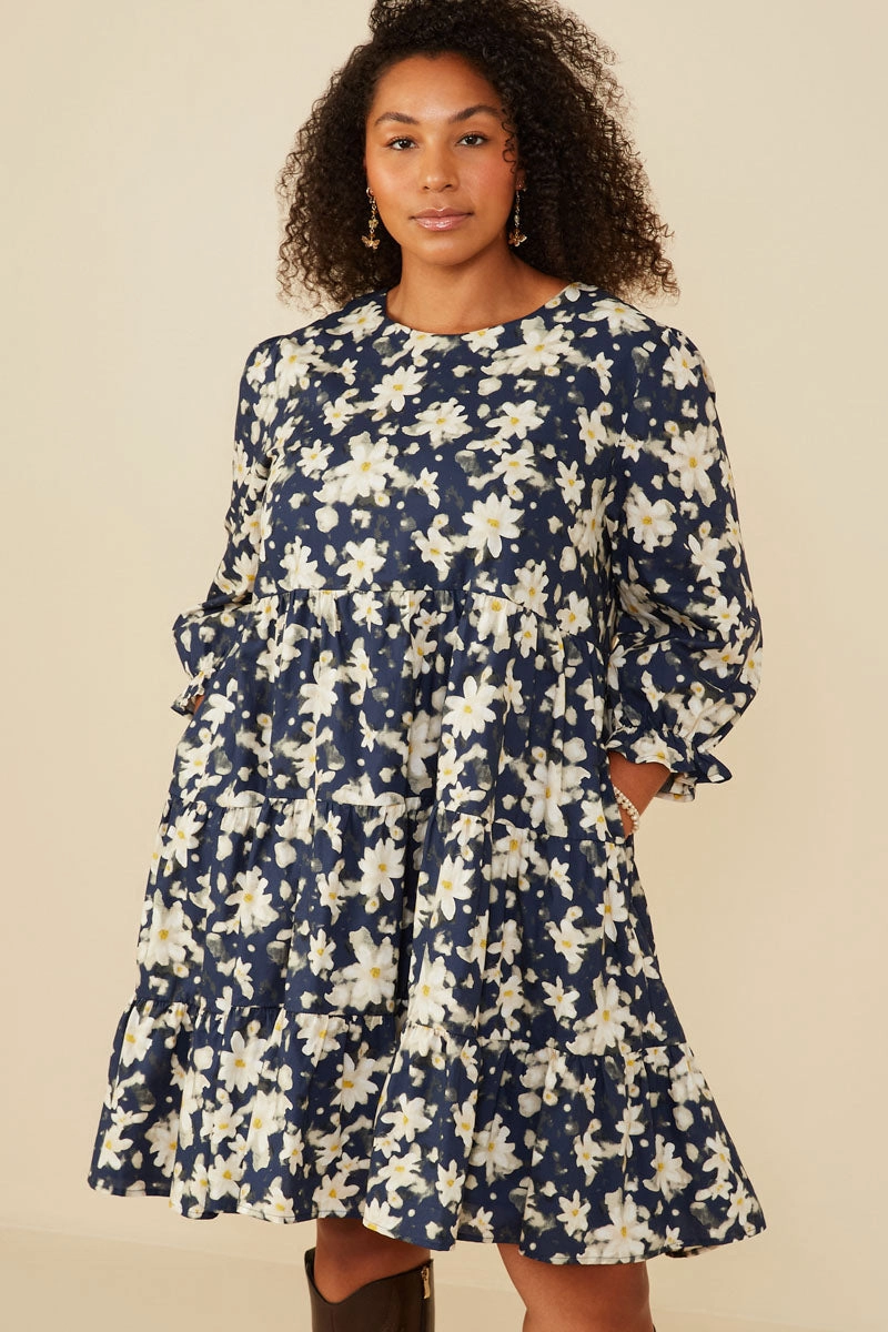Youthful Mood Floral Print Tiered Cinch Sleeve Dress
