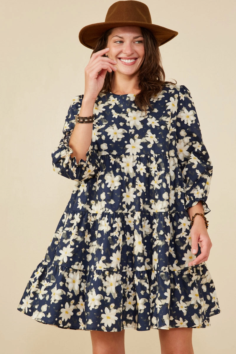 Fall Mood Classic knee-length dress Floral Print Tiered Cinch Sleeve Dress