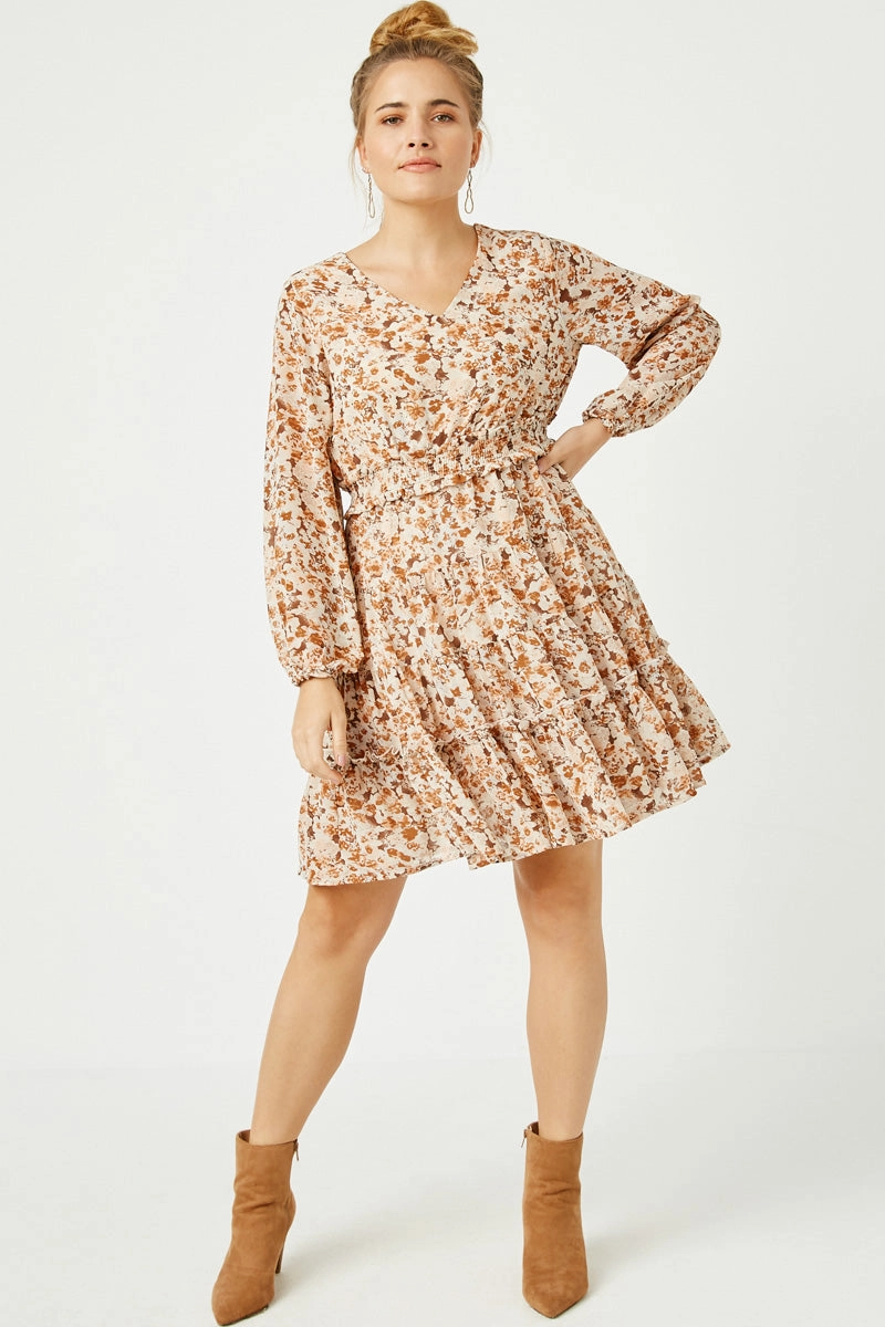 Cool Undertone Texture Play Floral Print V Neck Smock Waist Tiered Mini Dress