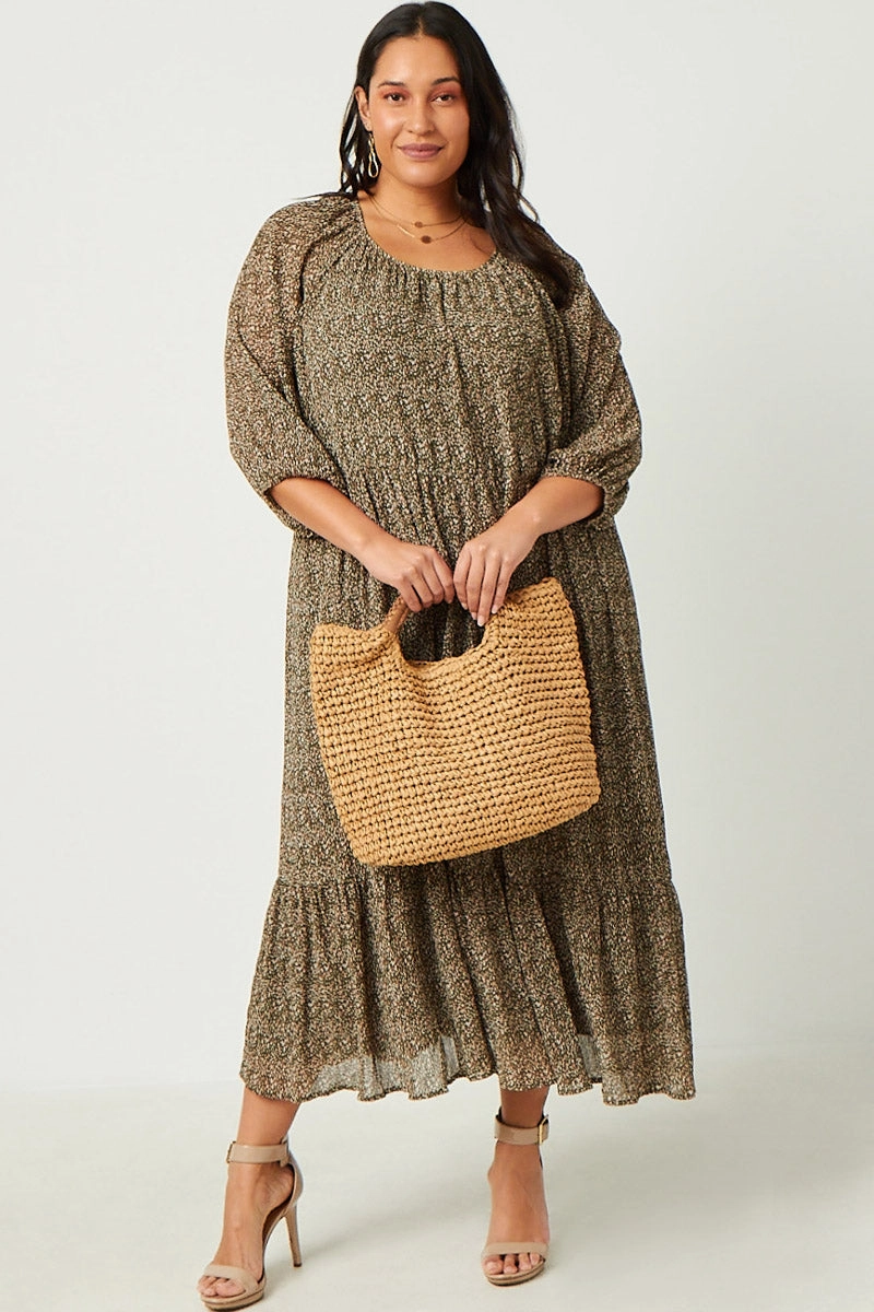 Button Accent Floral Printed Crinkle Pleat Puff Sleeve Dress