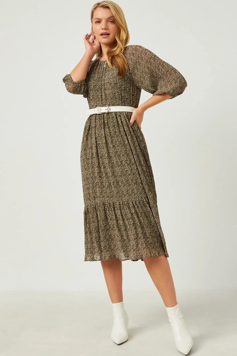 Style Ease Floral Printed Crinkle Pleat Puff Sleeve Dress